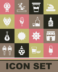 Canvas Print - Set Popsicle ice cream, Huehuetl, Tequila bottle, Mexican drum, Corn, Poncho, skull and and glass icon. Vector