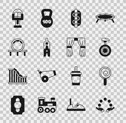 Poster - Set Juggling ball, Lollipop, Unicycle or one wheel bicycle, Hotdog sandwich, Circus ticket, Roller coaster, Attraction carousel and curtain raises icon. Vector