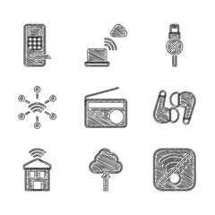 Poster - Set Radio, Cloud upload, No Wi-Fi wireless internet, Air headphones, Smart home with wi-fi, Network, usb cable cord and Digital door lock icon. Vector