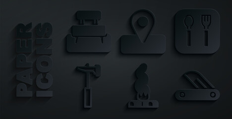 Canvas Print - Set Campfire, Fork and spoon, Hammer, Swiss army knife, Location for camping and Bench icon. Vector