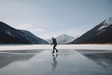 A figure skater, a man skates on the ice of a frozen lake with a view of the snow-capped mountains.