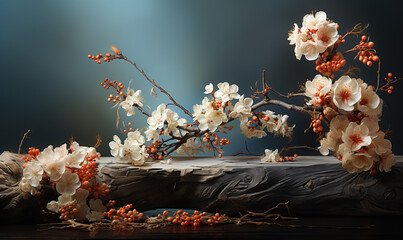 Wall Mural - Blue background with the image, a branch with flowers leaves.