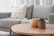 © Pixel-Shot - Wooden coffee table with with houseplant and wicker basket near grey sofa in living room