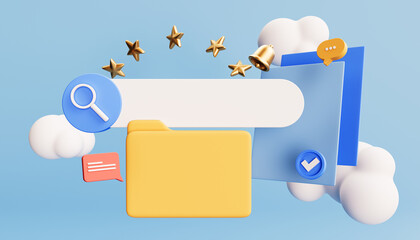 Fototapete - 3D Database and file management. Folder with document. Search in archive or storage. Project plan concept. Digital organise. Cartoon creative design icon isolated on purple background. 3D Rendering