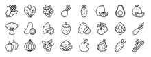 Set Of 24 Outline Web Vegetable And Fruit Icons Such As Corn, Lettuce, Raspberry, Shallot, Carrot, Lime, Avocado Vector Icons For Report, Presentation, Diagram, Web Design, Mobile App