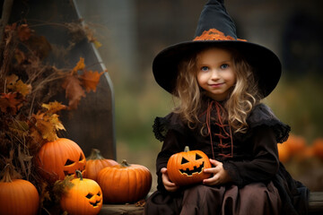 Smiling cheerful little girl in witch costume. Halloween, holiday concept