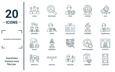 business management linear icon set. includes thin line rating, discussion, budget, workplace, hourglass, employee card, statistics icons for report, presentation, diagram, web design