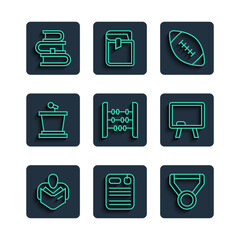 Poster - Set line Man reading book, Dossier folder, Medal, American football ball, Abacus, Stage stand, Book and Chalkboard icon. Vector