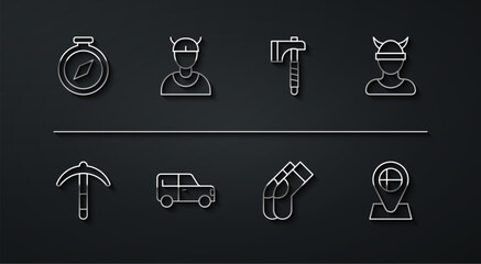 Wall Mural - Set line Compass, Pickaxe, Viking head, Socks, Car, Location flag Iceland and Wooden icon. Vector