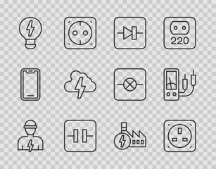 Poster - Set line Electrician, Diode in electronic circuit, Electrolytic capacitor, Creative lamp light idea, Cloud and lightning, Nuclear power plant and Ampere meter, multimeter icon. Vector