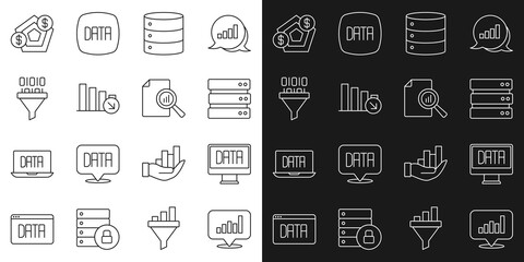 Poster - Set line Pie chart infographic, Data analysis, Server, Financial growth decrease, Binary code, and Document with icon. Vector