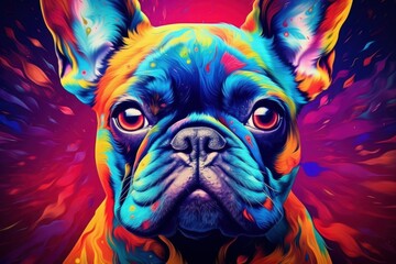 Wall Mural - Colorful art - the head of a french bulldog painted with spots splashes of paint