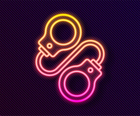 Poster - Glowing neon line Handcuffs icon isolated on black background. Vector