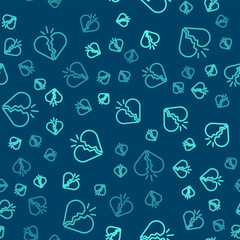 Sticker - Green line Broken heart or divorce icon isolated seamless pattern on blue background. Love symbol. Valentines day. Vector