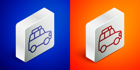 Wall Mural - Isometric line Car icon isolated on blue and orange background. Silver square button. Vector