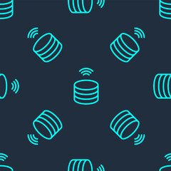 Sticker - Green line Smart Server, Data, Web Hosting icon isolated seamless pattern on blue background. Internet of things concept with wireless connection. Vector