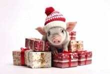 Cute Baby Pig With Christmas Gift Boxes On White Background