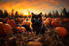 Charming Black Cat Sits Among The Pumpkins On The Field.