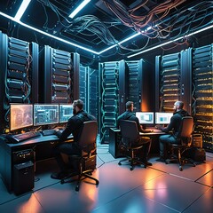 Wall Mural - Cutting-edge Vision: Tech Guru in Futuristic Data Center Utilizing Laptop Amidst Warehouse, Streamlined Digitalization with Server-Based Information. SAAS, Cloud Computing, Web Service Empowered