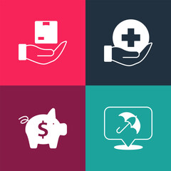 Poster - Set pop art Umbrella, Piggy bank, Life insurance and Delivery icon. Vector