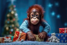 Cute Baby Orangutan Ape With Christmas Gift Boxes On Blue Blurred Background