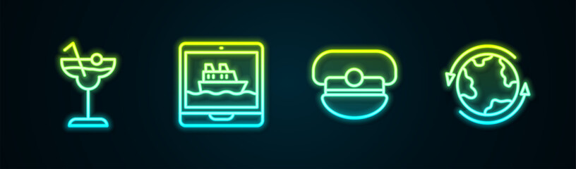 Wall Mural - Set line Cocktail, Cruise ship, Captain hat and Worldwide. Glowing neon icon. Vector