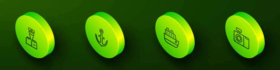 Poster - Set Isometric line Captain of ship, Anchor, Cruise and Photo camera icon. Vector