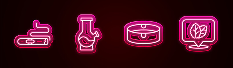 Sticker - Set line Cigar, Bong, Ashtray and Tobacco leaf. Glowing neon icon. Vector