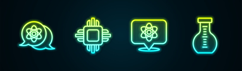 Sticker - Set line Atom, Processor CPU, and Test tube. Glowing neon icon. Vector