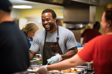 volunteer serving the homeless in a social canteen