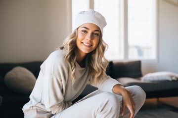 beautiful smiling woman in white sweatshirt at home