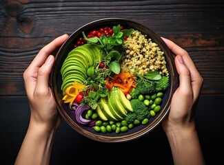 Woman's hands holding a healthy green bowl of vegetables, mushrooms, and avocado