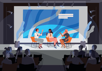 Forum and conference poster. Experts on stage in conference room discussing topics. Banner with event and participant speaker, screen with presentation and spectators. Cartoon flat vector illustration