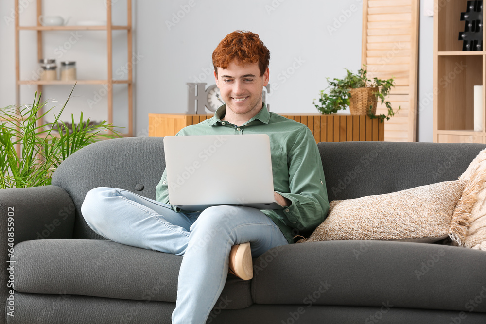 Male freelancer working with laptop on sofa at home
