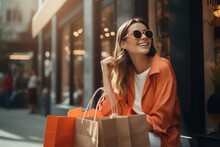 Happy Woman With Shopping Bags Enjoying In Shopping. Consumerism, Shopping, Lifestyle Concept. Black Friday