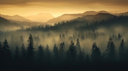 Wall Mural - the sun's rays break through the misty pine forest. calm autumn natural background.