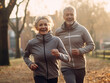 © B & G Media - A heartwarming close-up portrait of an elderly couple jogging at a leisurely pace through a serene park, their bond evident in every step.