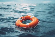 A Rescue Buoy Floating On The Sea, A Vital Tool To Rescue People From Drowning Incidents.