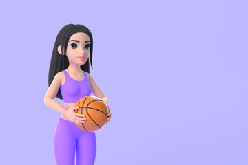 Cartoon character woman in sportswear holding basketball ball on purple background. 3D render illustration