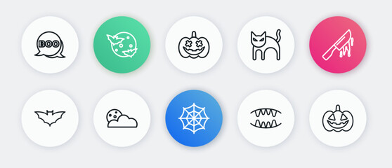 Wall Mural - Set line Spider web, Bloody knife, Flying bat, Vampire teeth, Black cat, Pumpkin, and Moon and stars icon. Vector