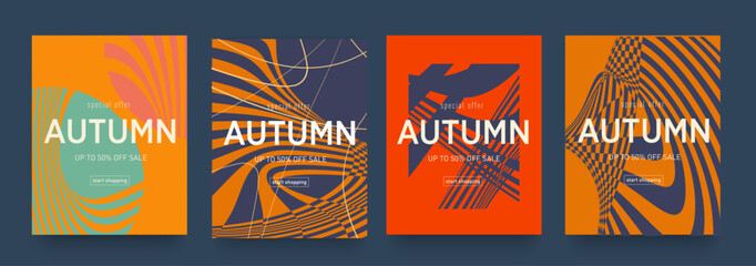 Autumn Set Optical illusion. Geometric Psychedelic 50s for Banner, Poster, Website, Placard, Cover, Advertising. 3d Background Wavy Trippy Patterns. Vector Offer 50%.