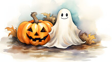 A Cute Little Ghost On Halloween, Orange Pumpkins, Watercolor Illustration
