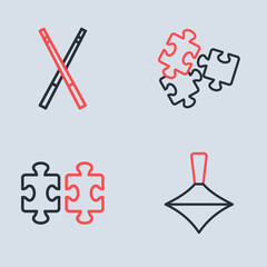 Poster - Set line Puzzle pieces toy, Whirligig and Crossed billiard cues icon. Vector