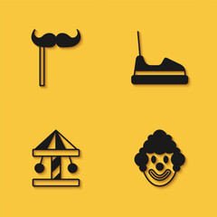 Wall Mural - Set Paper mustache on stick, Clown head, Attraction carousel and Bumper icon with long shadow. Vector