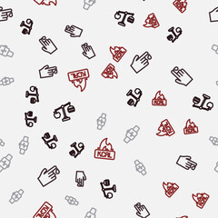 Sticker - Set line Calorie calculator, Finger blood, Smart watch with heart and Kcal on seamless pattern. Vector