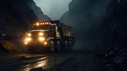 Mining truck transporting coal at mineral mine. Generative AI