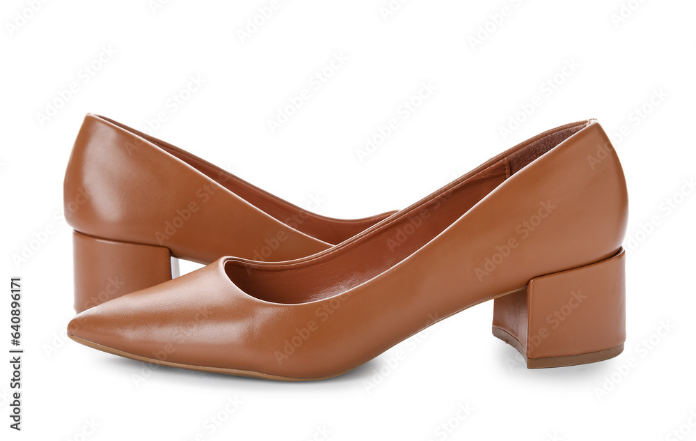 Stylish brown high heels on white background