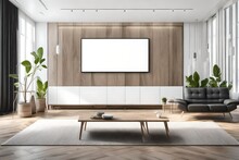 A Modern TV Lounge Room With A White Empty Canvas Frame For A Mockup Mounted Above An Entertainment Console, Harmonizing Art And Technology.
