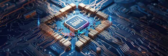 Poster - closeup on an advanced microchip or cpu of a powerful computer board with artificial intelligence technical details elements as wide banner design with copy space area - Generative AI