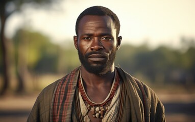 portrait of a fictional traditional black sub-saharan african man in the savannah. generative ai.